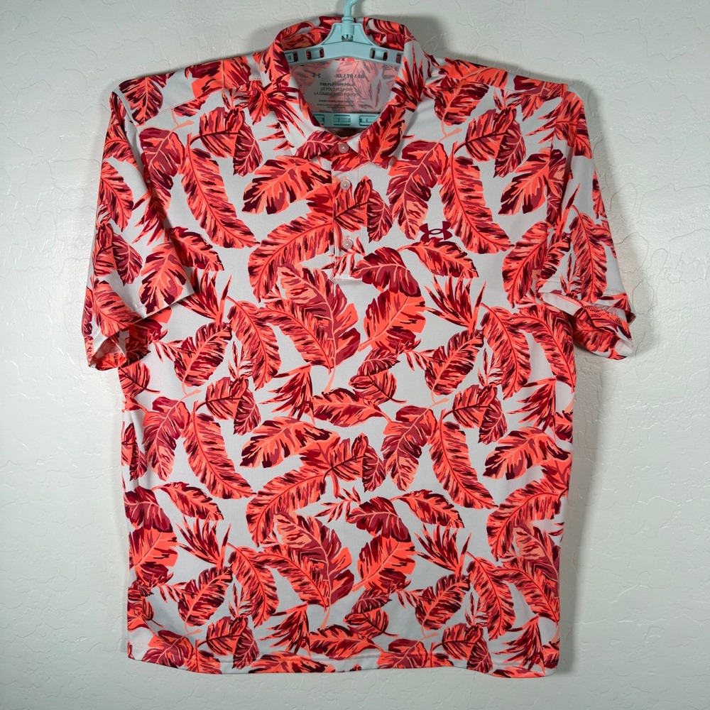 Under Armour Playoff Polo Mens XL Orange Leaf Print Short Sleeve Golf Floral